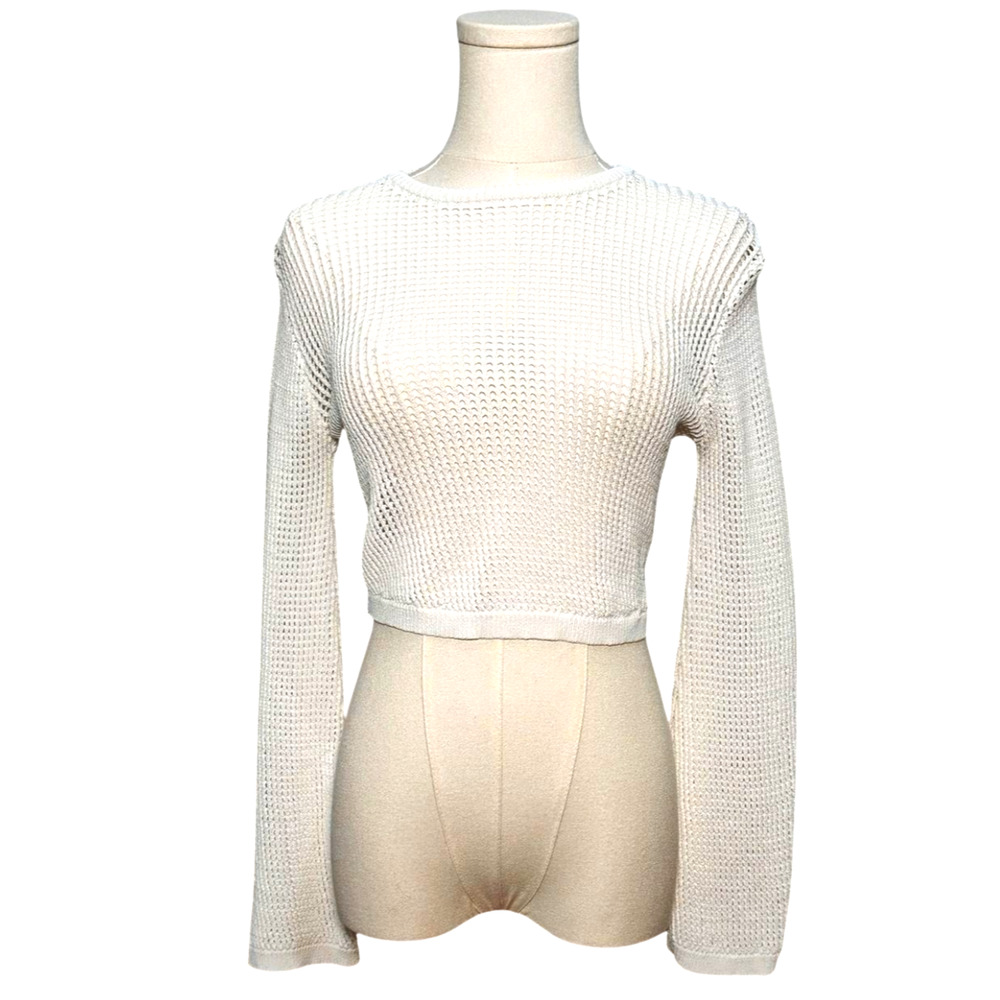Miou Muse White Cropped Open Knit Long Sleeve Sweater Bell Sleeves Small
